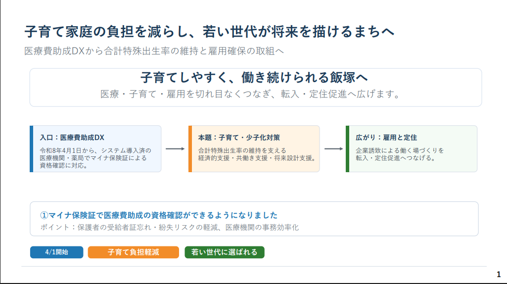 「子育て家庭の負担を減らし、若い世代が将来を描けるまちへ」～医療費助成DXから合計特殊出生率の維持と雇用確保の取組へ～