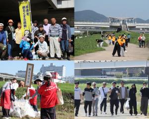 「I LOVE 遠賀川」に参加した団体の皆さんおよびごみ拾いの風景